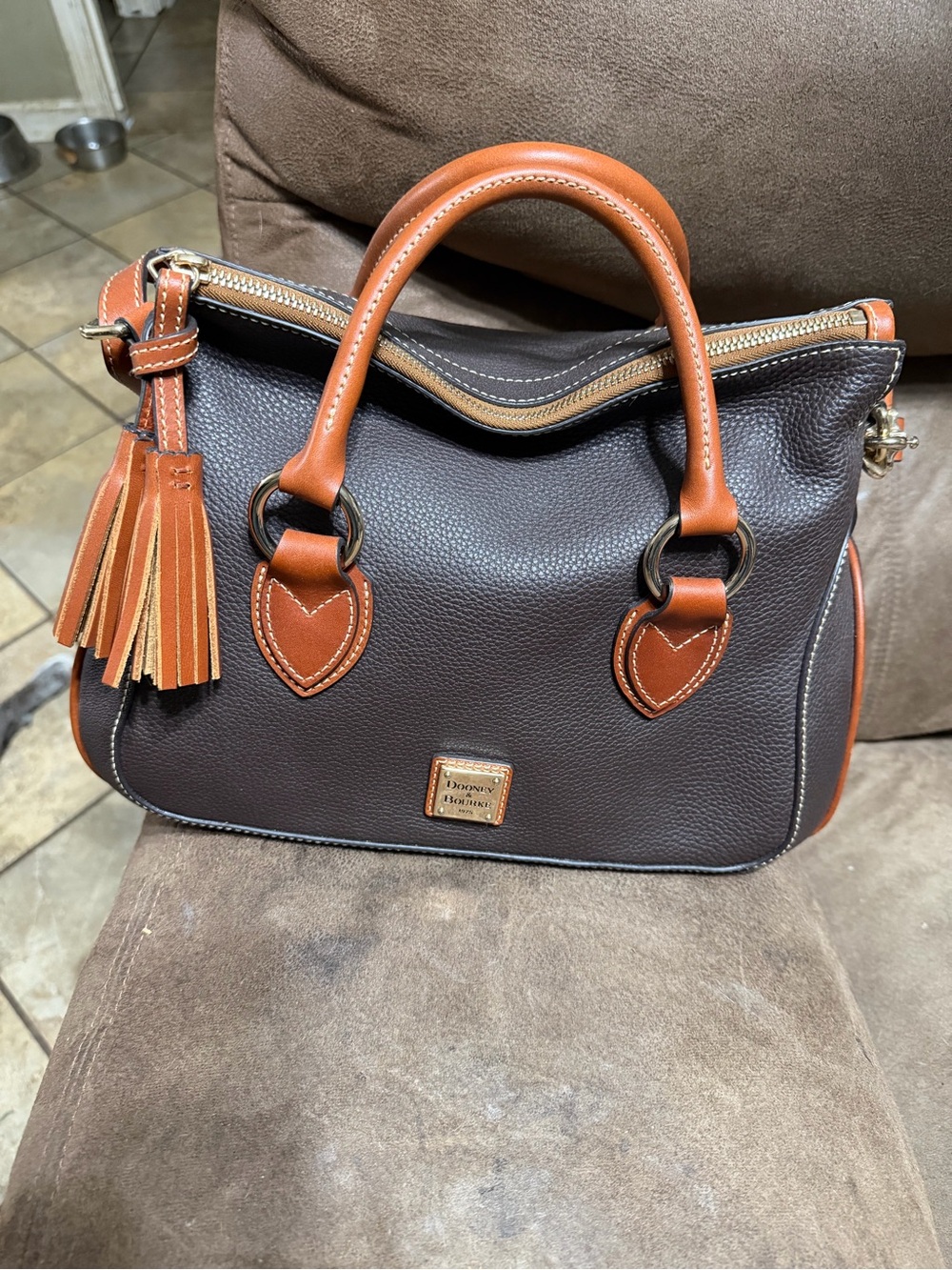 Dooney & Bourke Dark Brown Pebbled Leather Satchel with Tan Trim